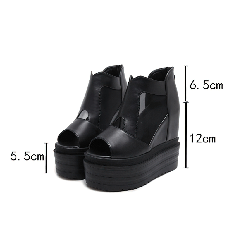 Black women's open-toe wedge sandals with platform sole and breathable design, perfect for stylish casual looks.