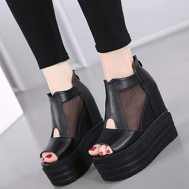 Women's Open Toe Wedge Sandals Stylish Platform Breathable Ankle Boots Black