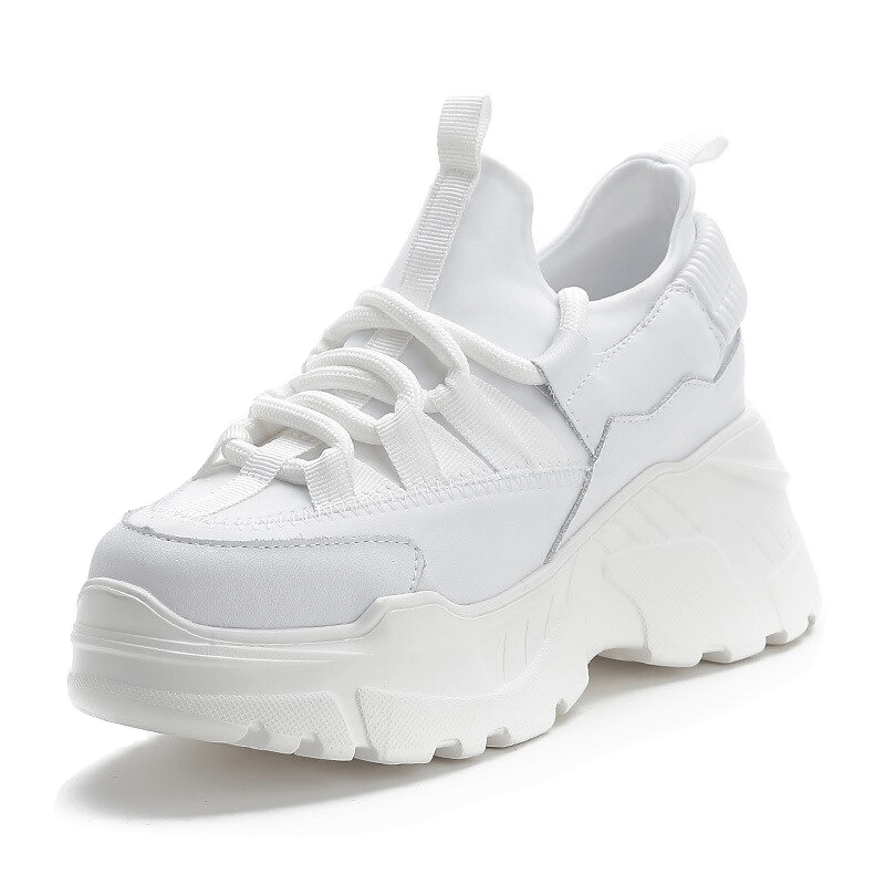 Stylish women's white platform sneakers with lace-up design and increased insole for casual wear.