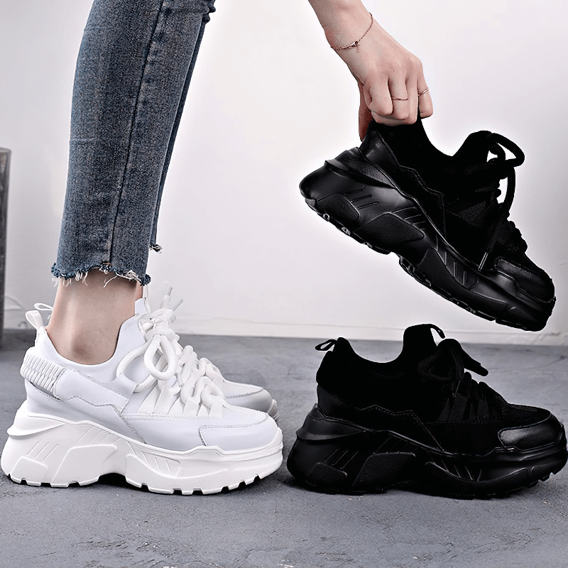 Women's Platform Genuine Leather Sneakers / Stylish Female Lace Up Increased Insole Shoes