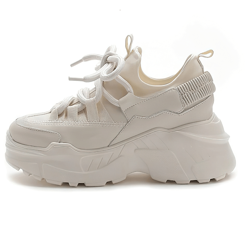 Elegant women's platform sneakers in white genuine leather with stylish lace-up design and thick soles.