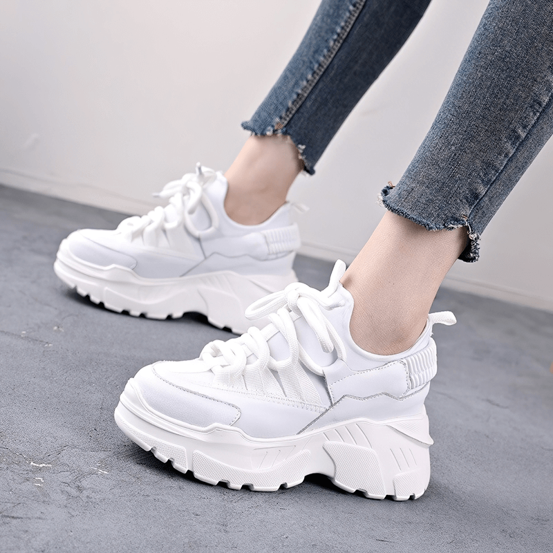 Women's Platform Genuine Leather Sneakers / Stylish Female Lace Up Increased Insole Shoes