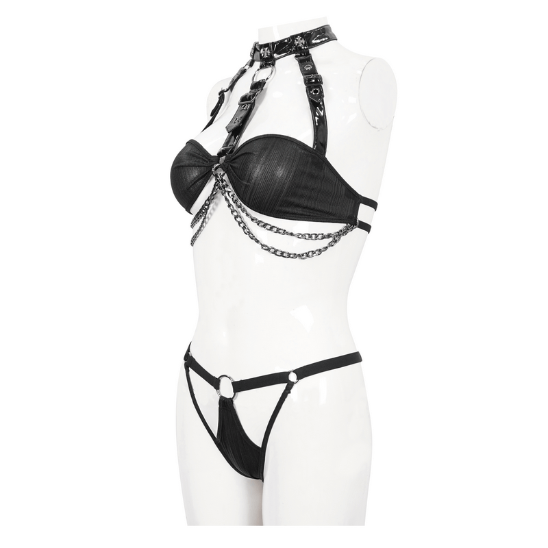 Women's punk two-piece lingerie set with chains, gothic style, featuring halter bra and sleek black design.