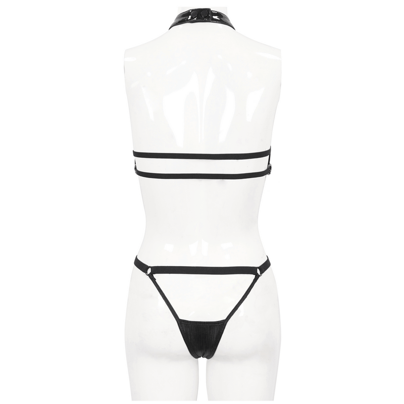 Back view of Women's Punk Two-Piece Lingerie Set with Chains, showcasing the gothic style halter and thong design.