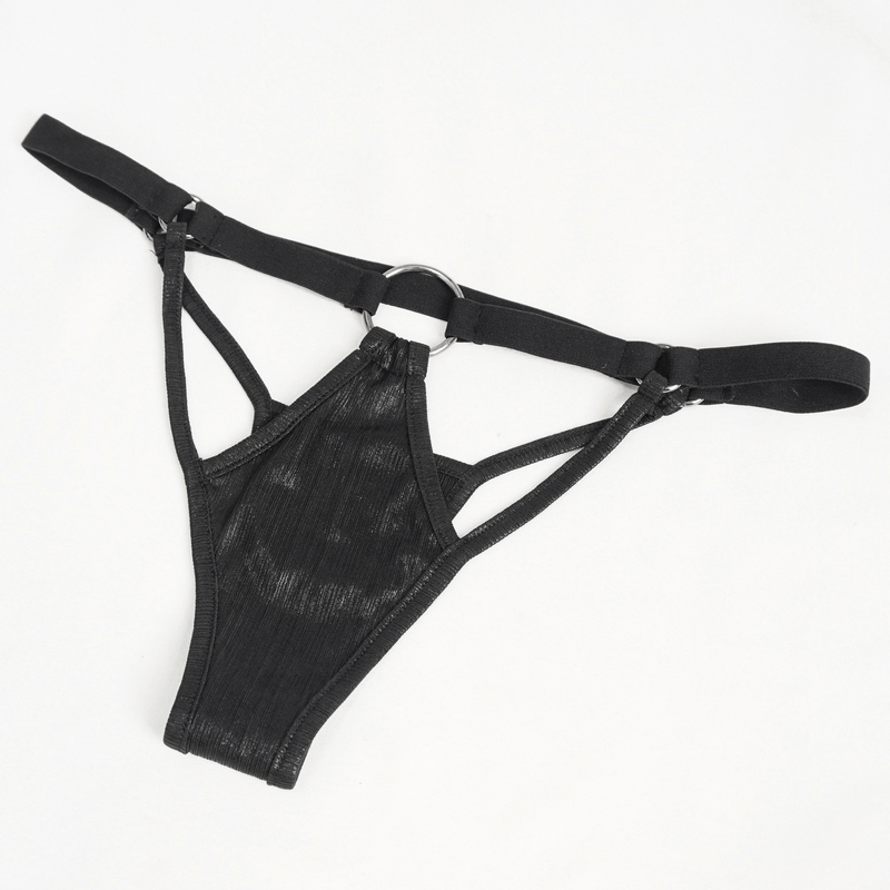 Women's black gothic lingerie thong with chains, showcasing a stylish two-piece design for a sexy look.
