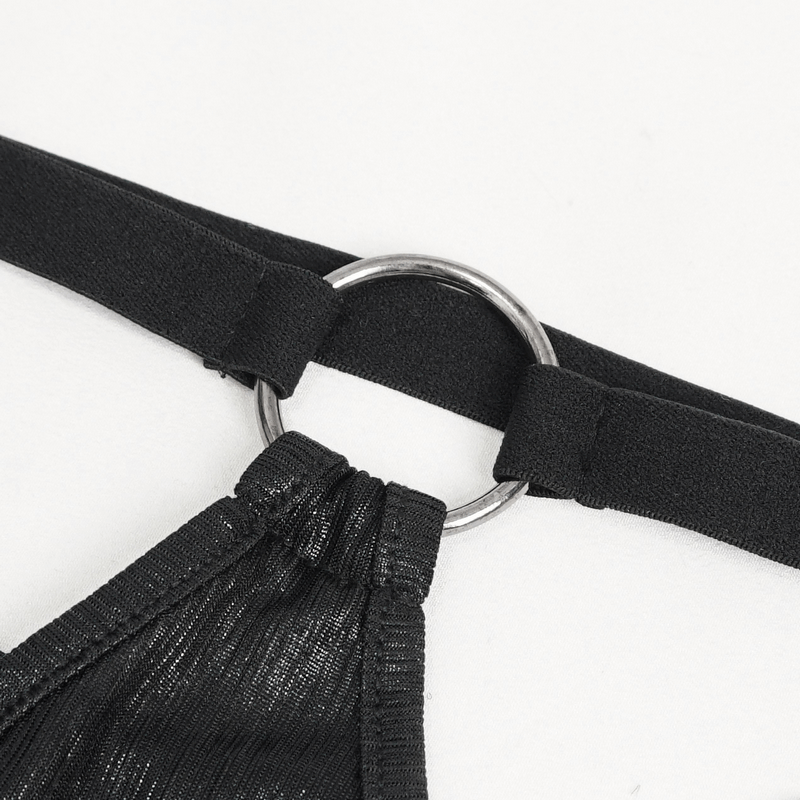 Close-up of the black halter bra detail featuring a chain link ring, showcasing its gothic lingerie design.