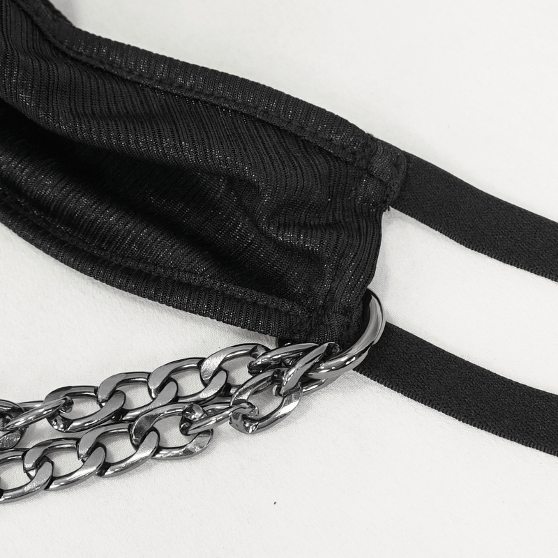 Close-up of a gothic women's halter bra with chains, showcasing its dark, sexy design and quality materials.