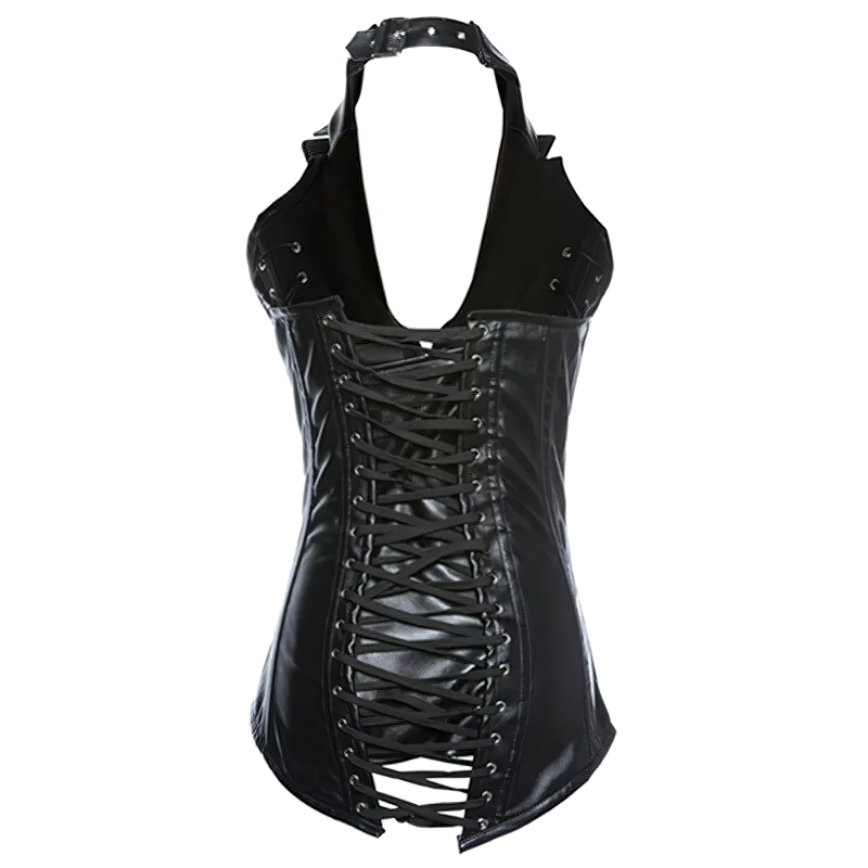 Women's black halter corset with lace-up front and collar, featuring steampunk style and steel boning for a perfect fit.
