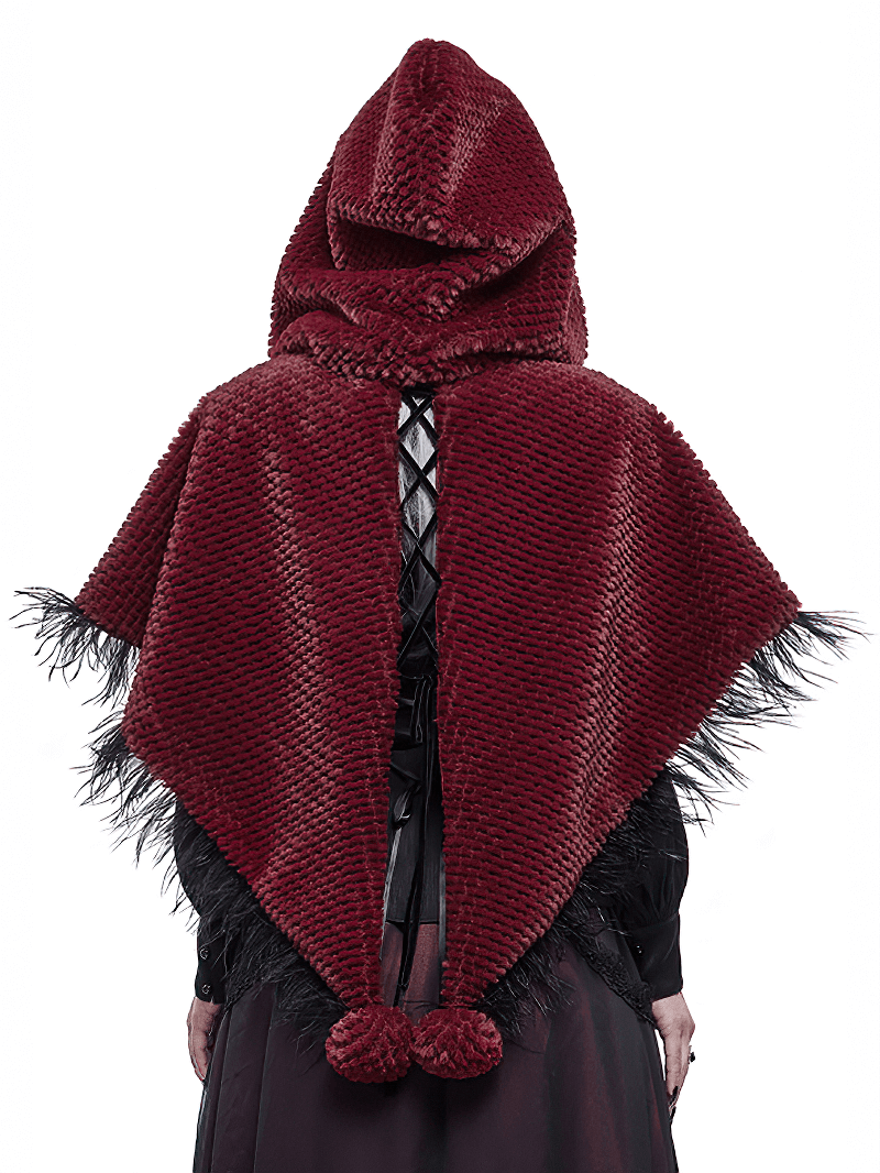 Back view of women's red hooded short cape with fringes and fur balls, perfect for gothic fashion enthusiasts.