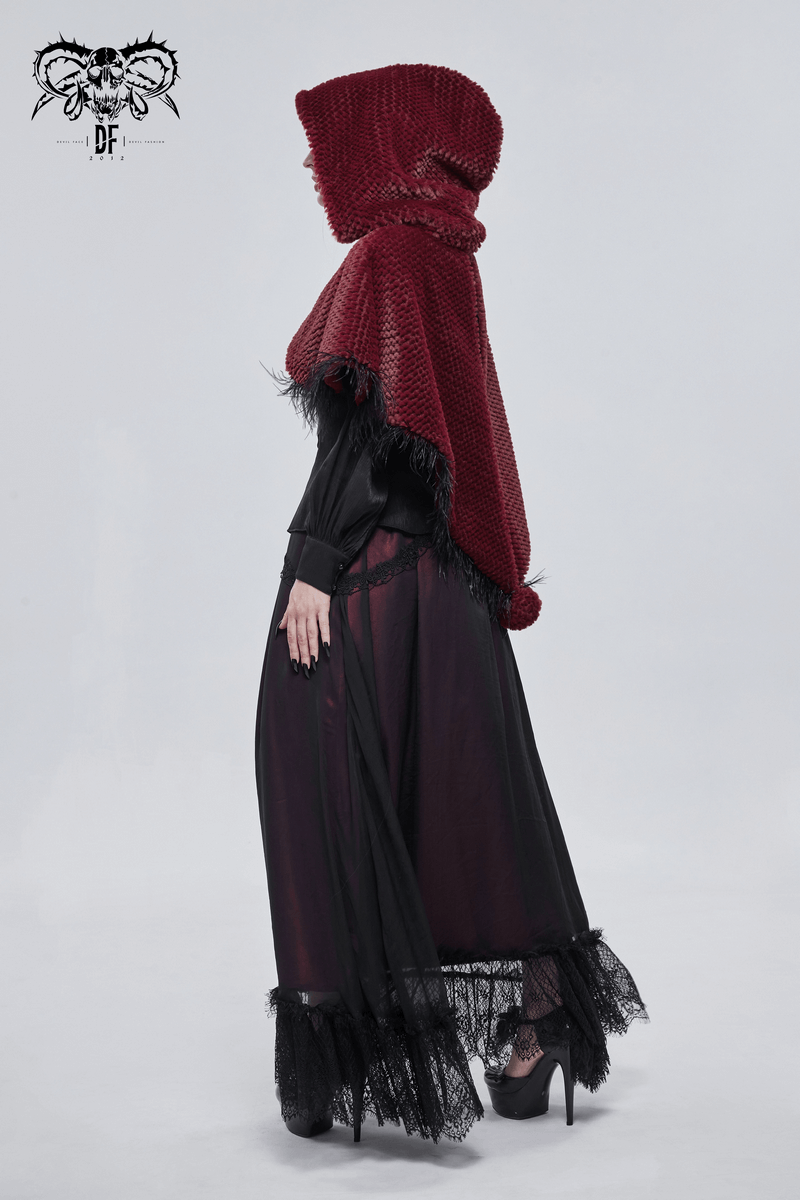 Elegant women's red hooded short cape with fringes, styled in gothic fashion, perfect for a unique wardrobe.