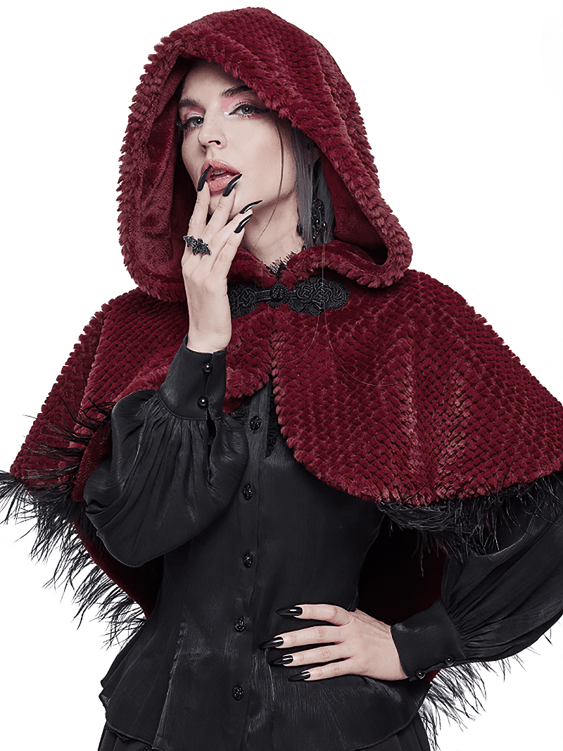 Women’s red hooded short cape with fringes, perfect for a gothic style wardrobe.