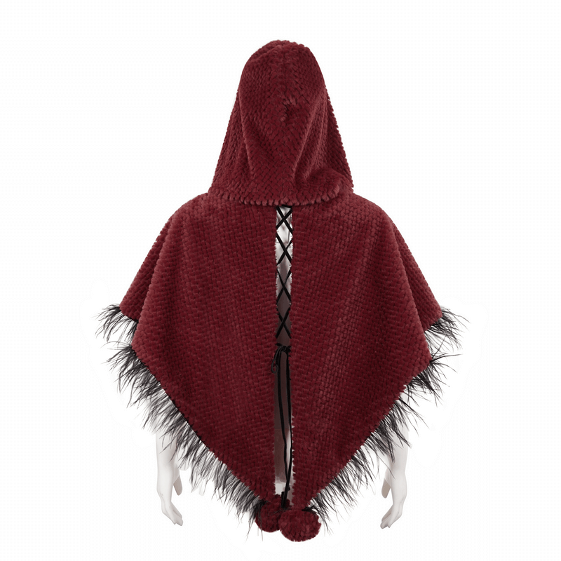 Women’s red hooded short cape with fringes and fur balls, perfect for a gothic fashion statement.