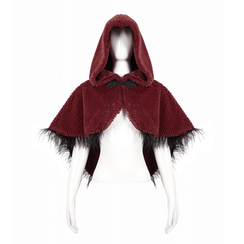 Women's Red Hooded Short Cape with Fringes / Grained Plush Cape with Fur Balls on the Back