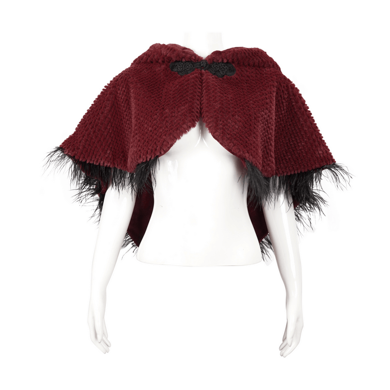 Women's Red Hooded Short Cape with Fringes / Grained Plush Cape with Fur Balls on the Back