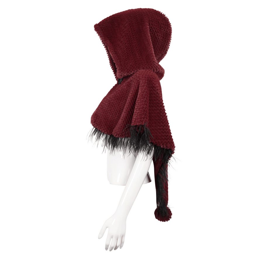 Women's red hooded short cape with fringes, stylish gothic design, and plush texture. Perfect for a chic wardrobe update.