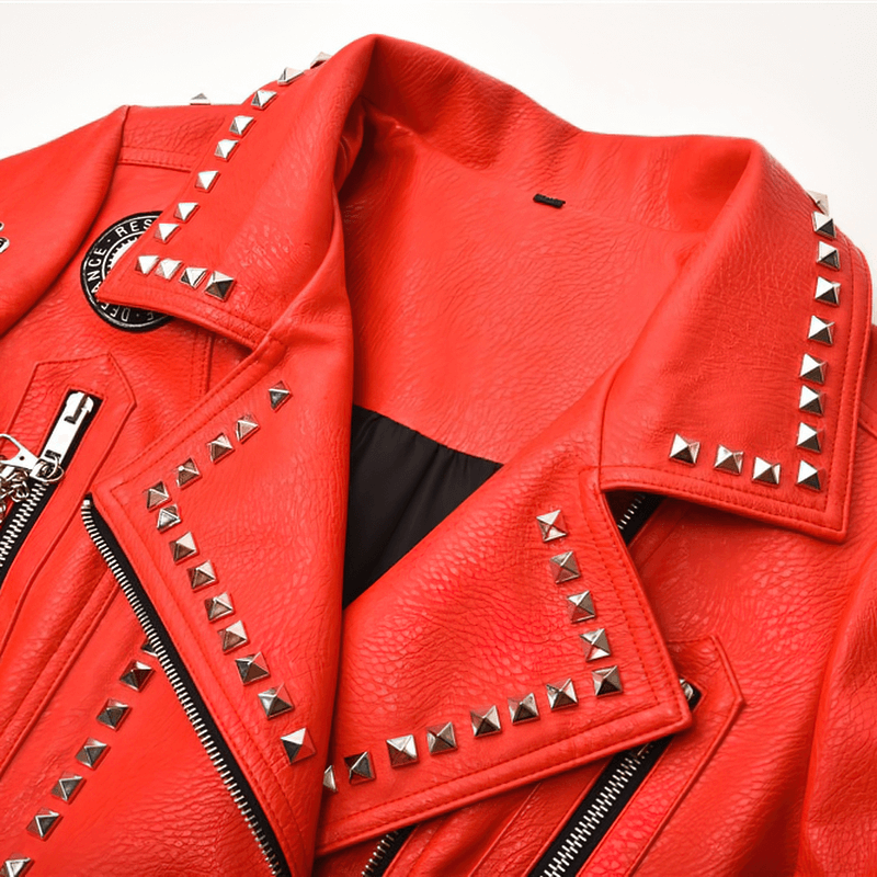 Red PU Leather Rivets Jacket / Women's Lapel Slim Short Jackets / Punk Style Clothing