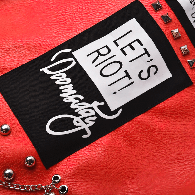 Red PU Leather Rivets Jacket / Women's Lapel Slim Short Jackets / Punk Style Clothing