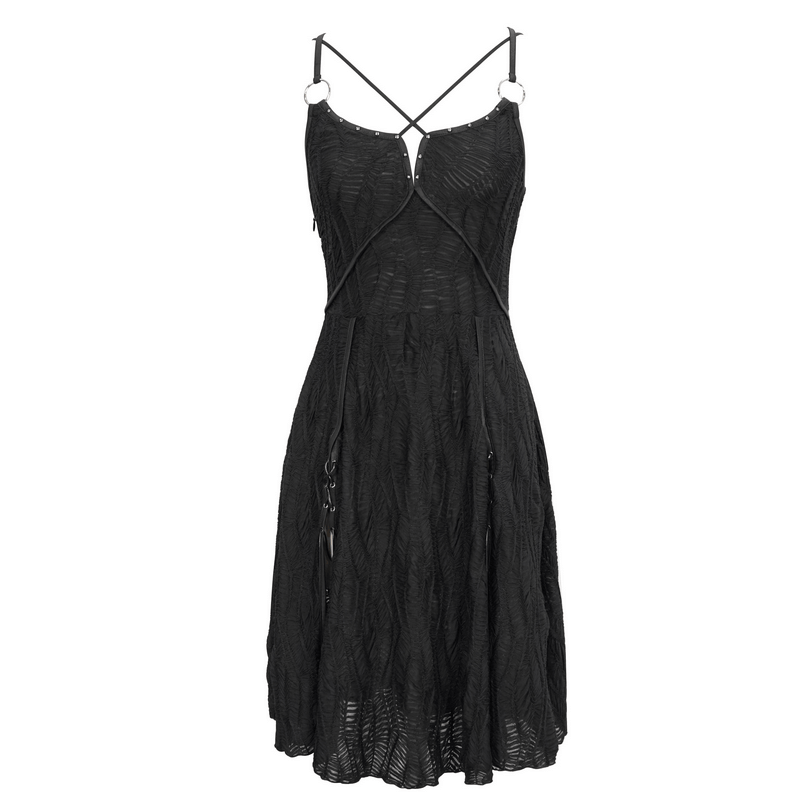Women's Gothic Punk Black Dress with Slit Hem and Cross Strap Design, Fashionable Short Dress for Stylish Wardrobe.