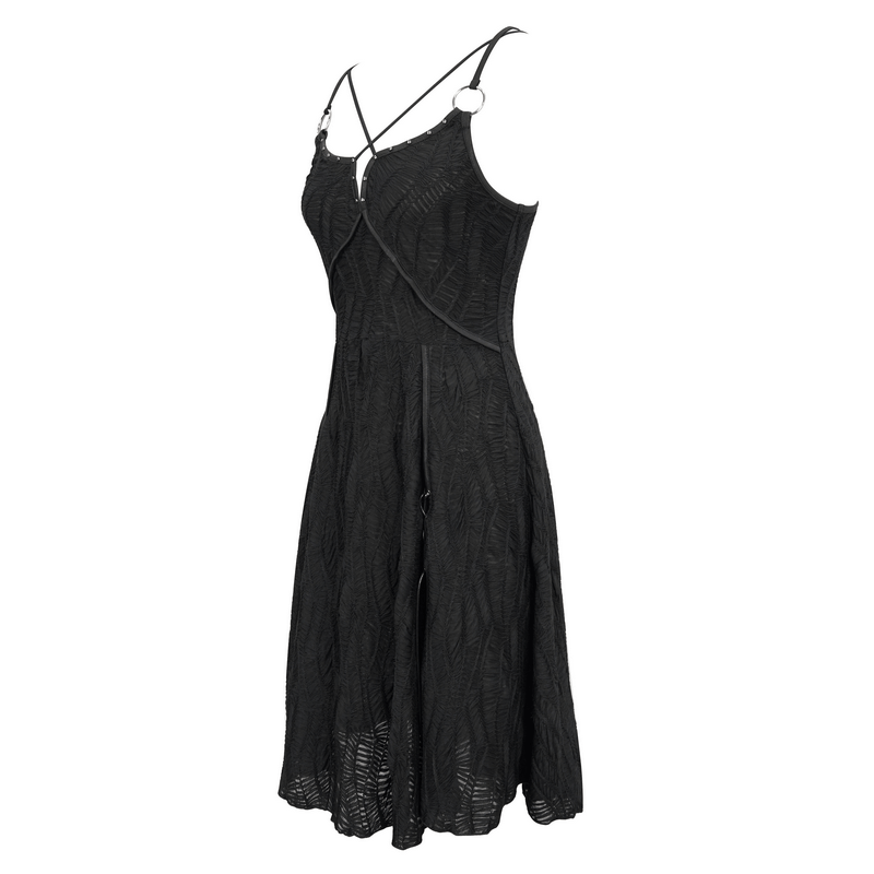Women's black punk short dress with slit hem and cross straps, perfect for a gothic fashion statement.