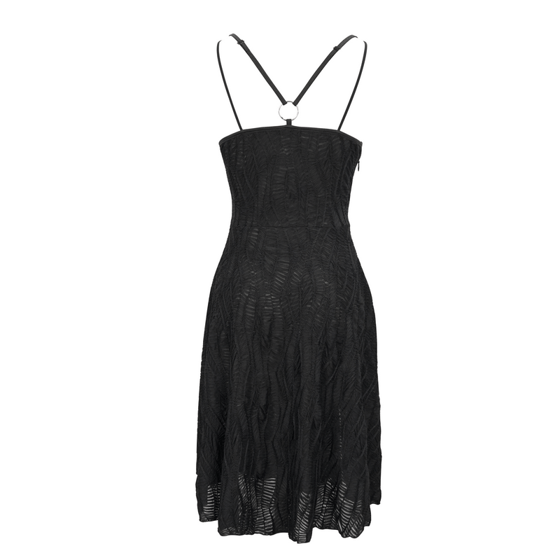 Back view of a women's black short dress with slit hem and cross straps, perfect for a gothic punk style.