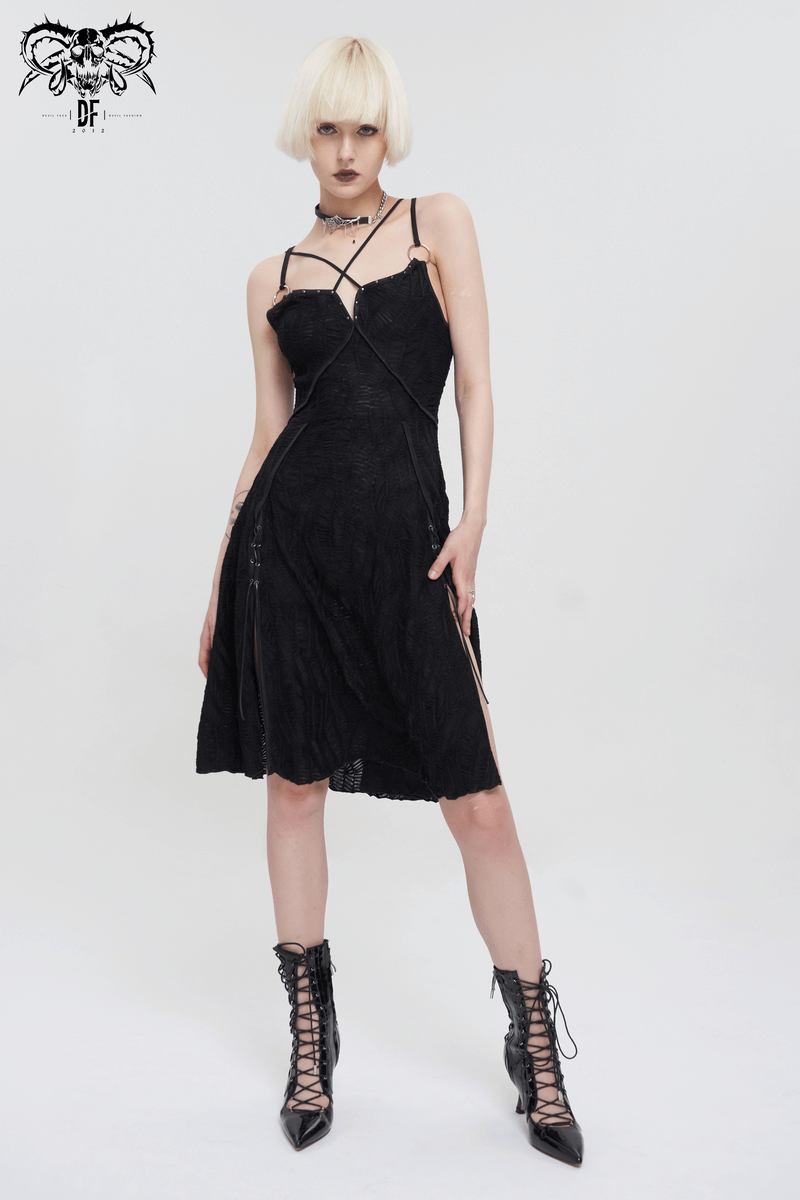 Women's Sexy Slit Hem Short Dress / Gothic Punk Cross Strap Black Dresses