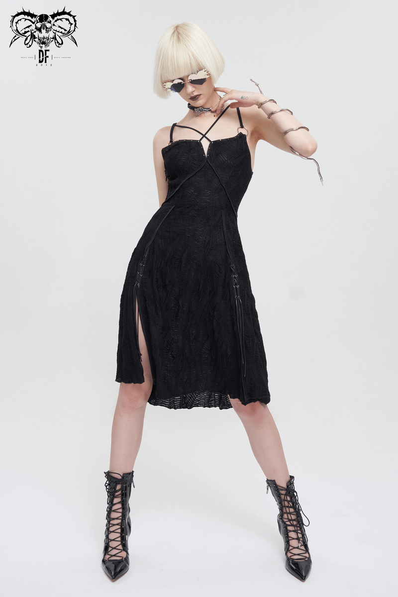 Black gothic punk short dress with slit hem and cross straps, perfect for edgy fashion styles.