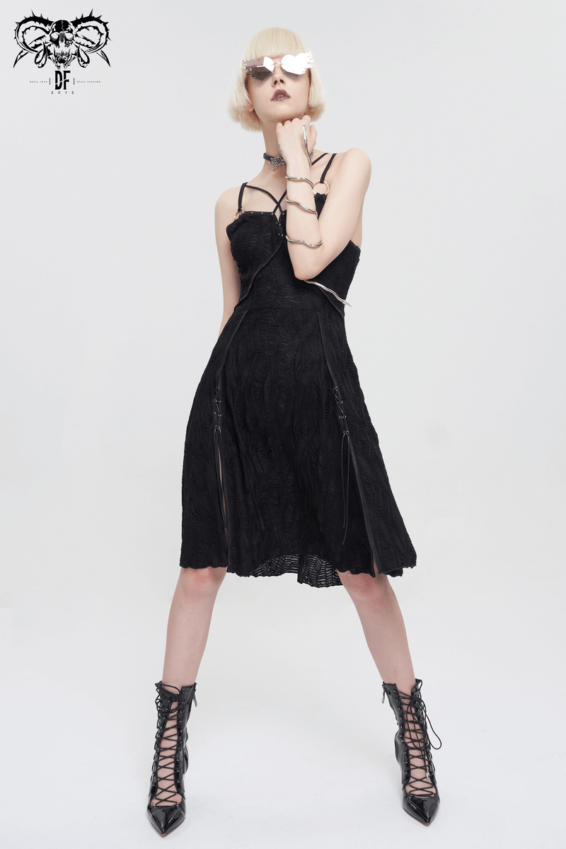 Fashionable women's black short dress with slit hem, gothic punk style, perfect for edgy wardrobes.