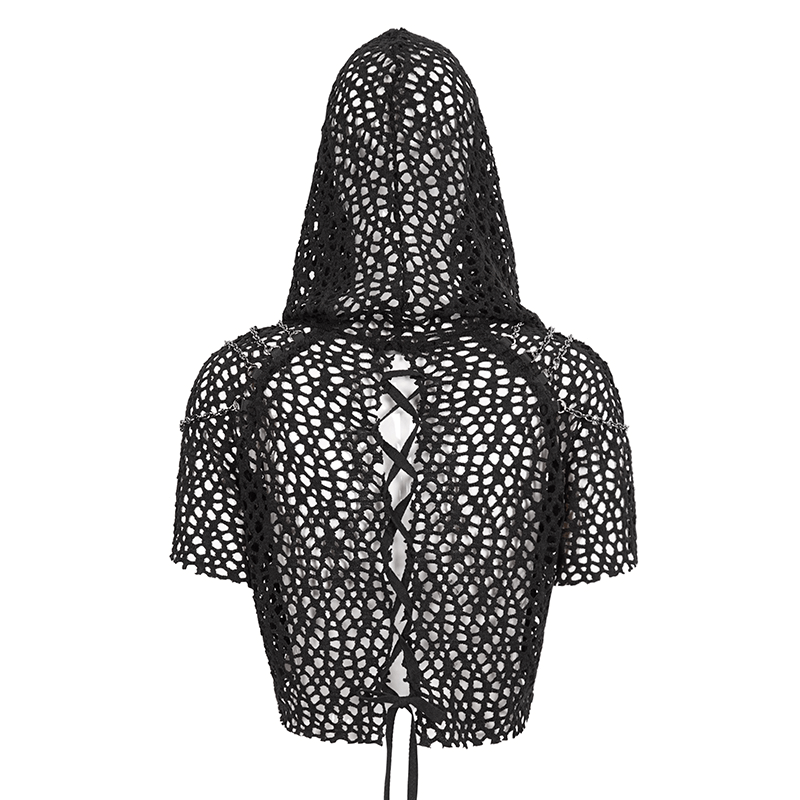 Women's Short Sleeves Mesh Top with Hood in Punk Stule / Cool Black Top with Strappy of Back - HARD'N'HEAVY