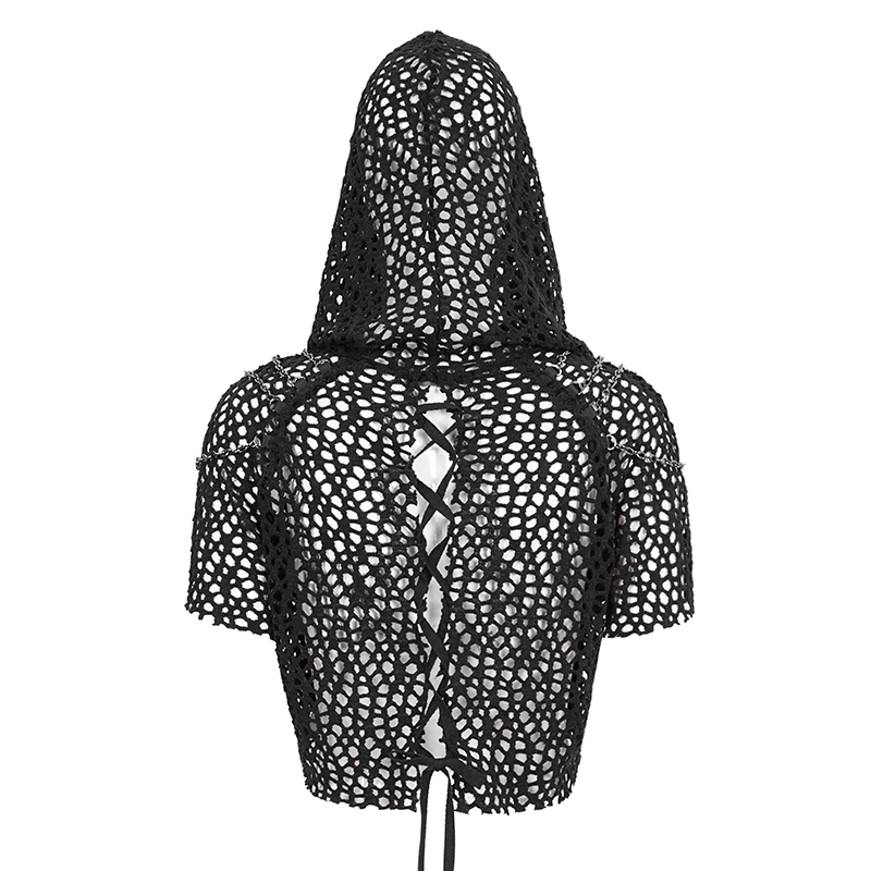 Women's black mesh top with hood, featuring strappy back design for a stylish punk look.