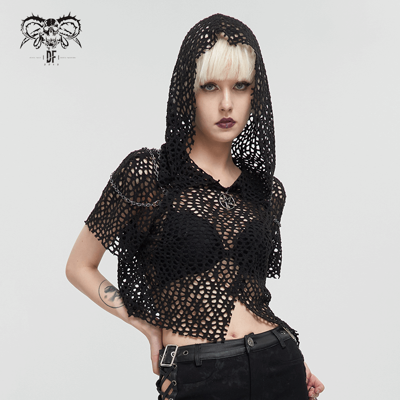 Women's Short Sleeves Mesh Top with Hood in Punk Stule / Cool Black Top with Strappy of Back