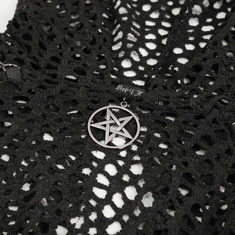 Close-up of a black mesh top featuring a pentagram pendant, adding a punk flair to the design.