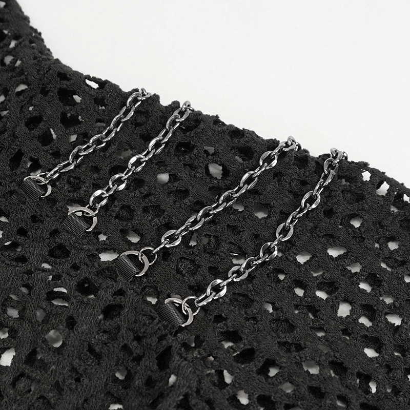 Close-up of black women's mesh top showcasing strappy details and punk style chains.
