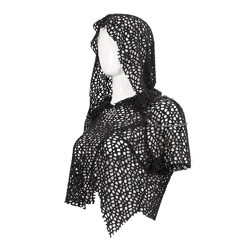 Black women's mesh top with hood showcasing punk style and strappy back design, perfect for edgy outfits.