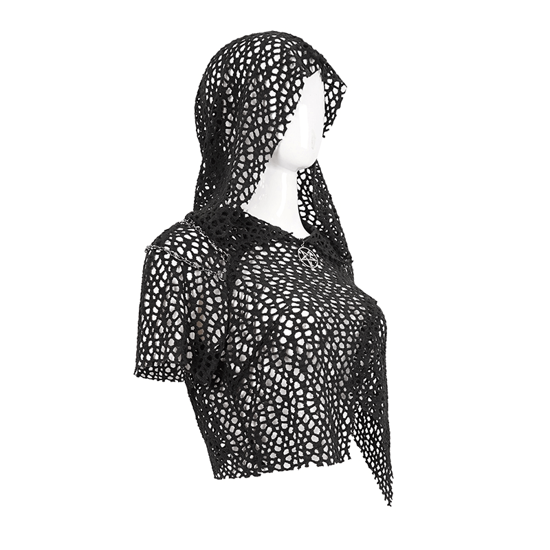 Women's black mesh top with hood in punk style, featuring unique strappy back design for a trendy look.