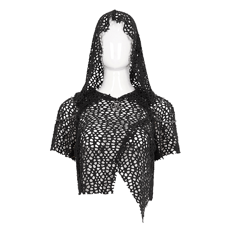 Women's Short Sleeves Mesh Top with Hood in Punk Stule / Cool Black Top with Strappy of Back