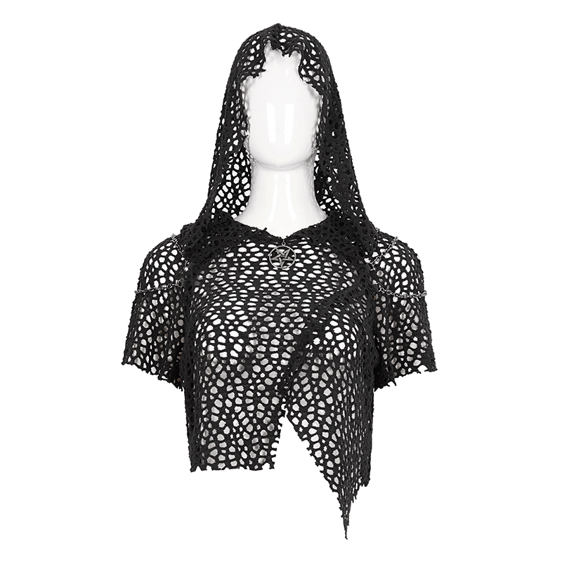 Women's black mesh top with hood in punk style, featuring unique strappy back design, perfect for edgy outfits.