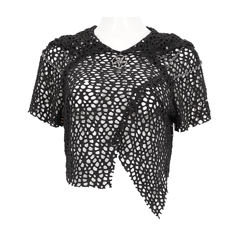 Women's black mesh punk top with hood and unique cut; perfect for edgy outfits and showcasing personal style.