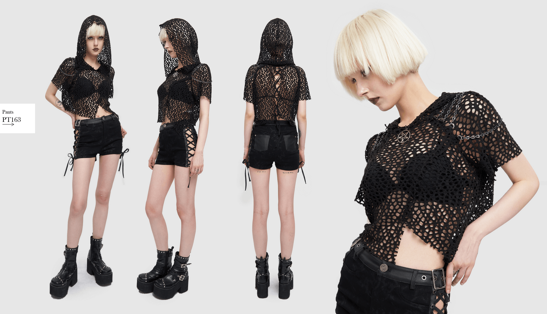 Women's punk-style black mesh top with hoodie and strappy back, perfect for edgy outfits.