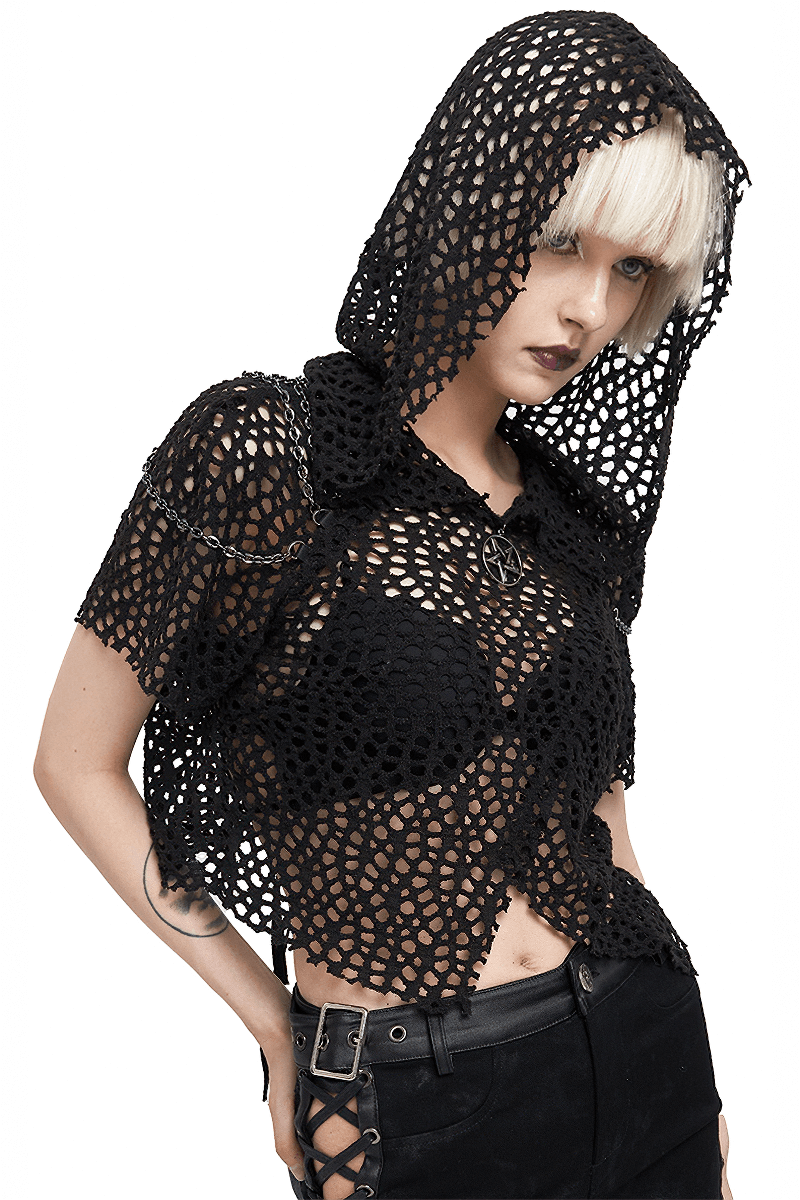 Women's Short Sleeves Mesh Top with Hood in Punk Stule / Cool Black Top with Strappy of Back