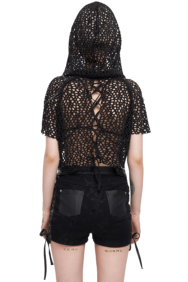 Women's Short Sleeves Mesh Top with Hood in Punk Stule / Cool Black Top with Strappy of Back