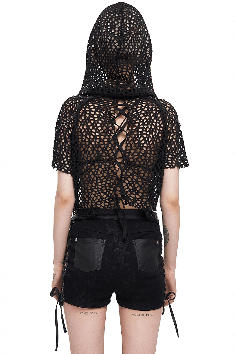 Back view of women's black mesh punk top with hood and strappy design, perfect for edgy outfits.