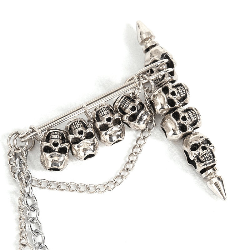 Women's gothic skull chain brooch, featuring metallic skulls and chain accents, perfect for alternative fashion enthusiasts.