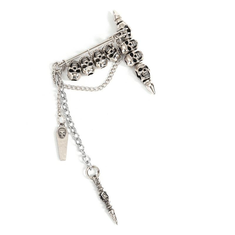 Gothic women's skull chain brooch featuring detailed skulls and chain accents, perfect for an alternative fashion statement.