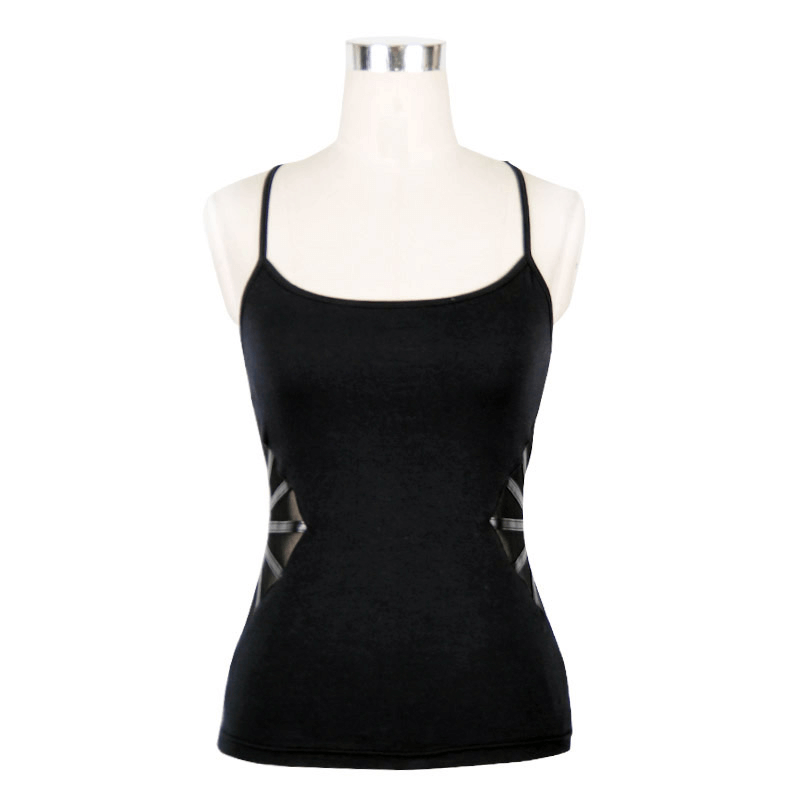 Women's Black Asymmetrical Steampunk Tank Top with unique design and comfortable cotton fabric.