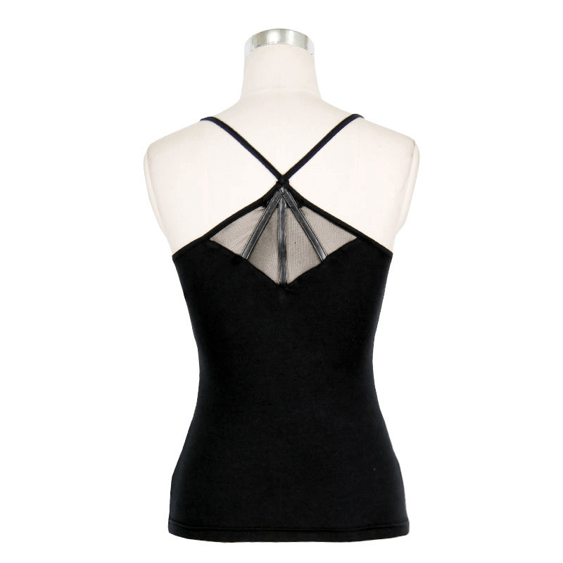 Back view of Women's Black Asymmetrical Tank Top showcasing steampunk style and mesh details.