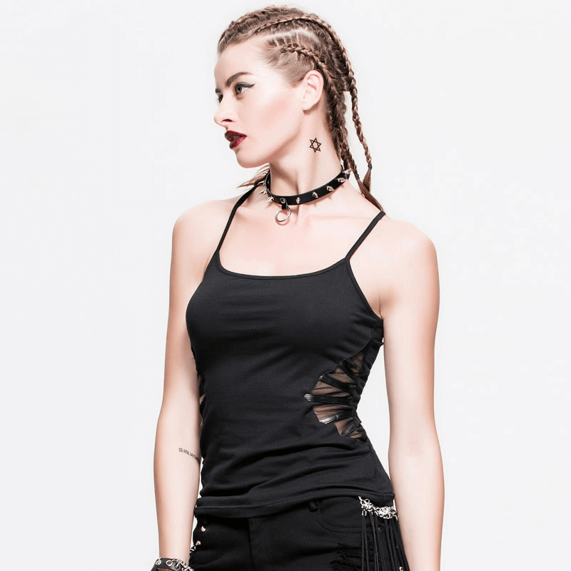 Women's black asymmetric camisole with stylish cutouts, perfect for a steampunk-gothic look.
