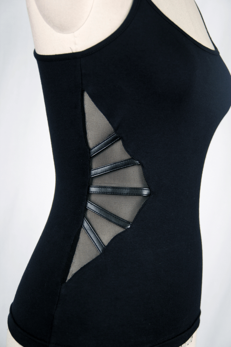 Women's black asymmetrical tank top featuring stylish mesh cutouts for a unique steampunk look.