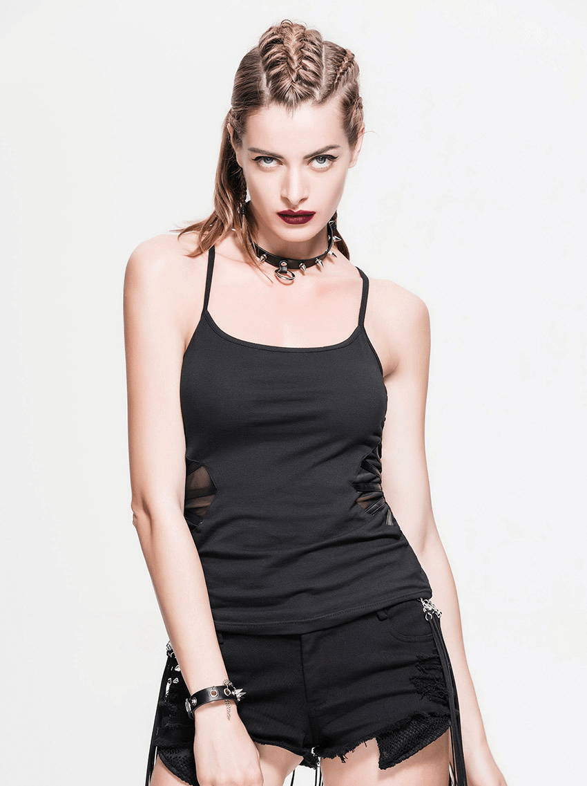 Fashionable woman wearing a black asymmetric camisole with stylish braids and a choker, ideal for steampunk and gothic looks.