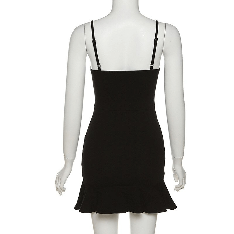 Elegant black A-line short dress with straps, featuring a flared hem for a classy yet casual look.
