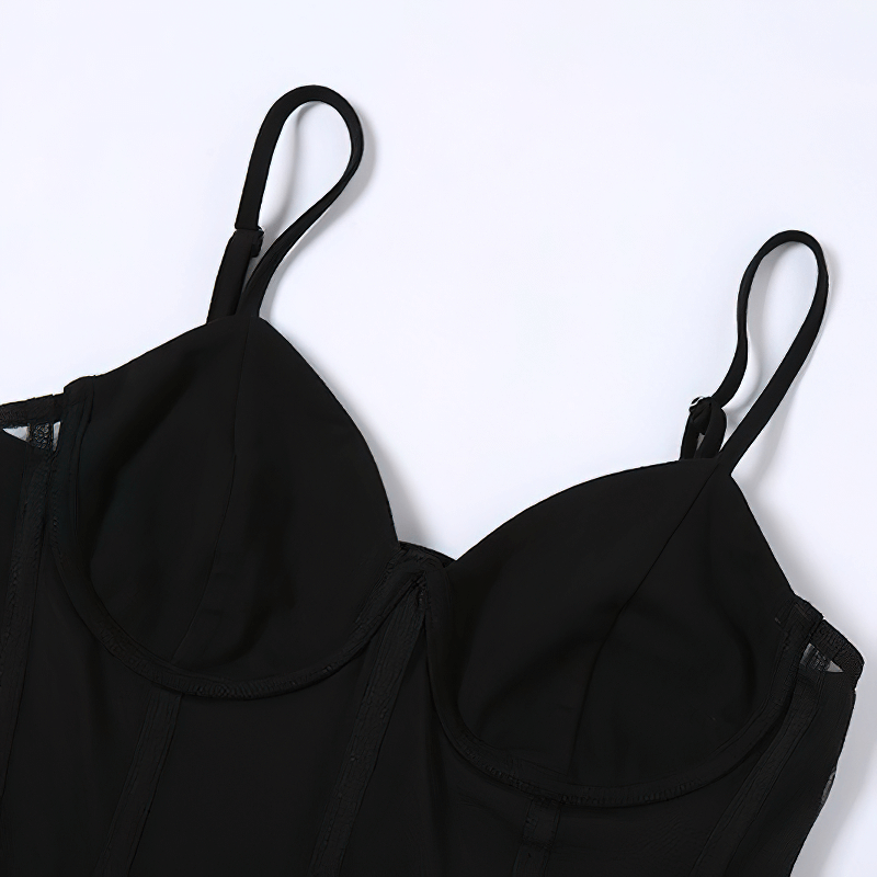 Black strap bodice close-up, showcasing delicate fabric and elegant design for stylish women's fashion.